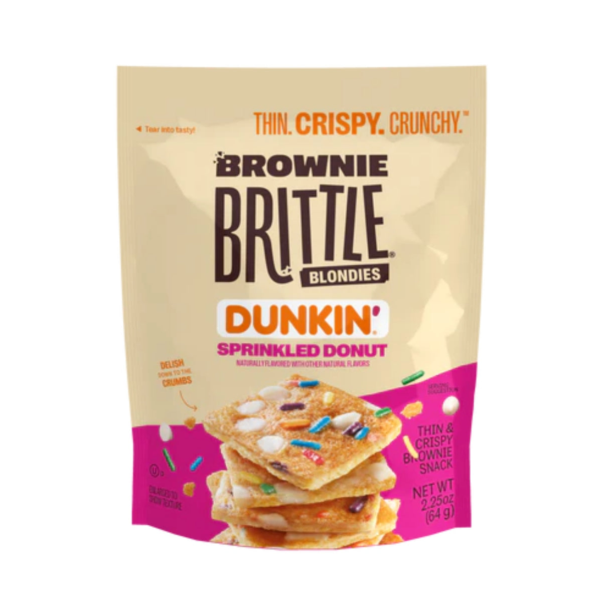 Front of Sheila G's Dunkin' Sprinkled Donut Brownie Brittle bag showing the logo, highlighted with donut and sprinkles design, 78g pack size