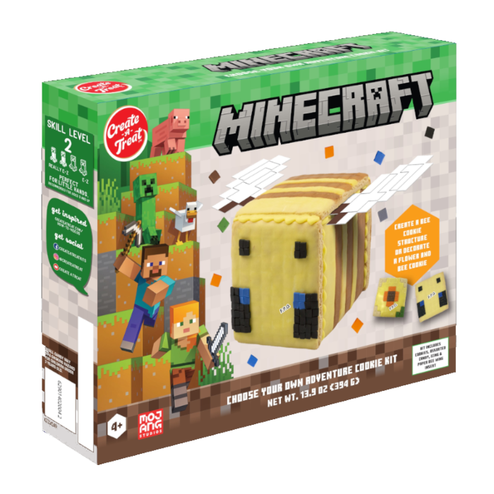 Front of Minecraft Build Your Own Bee Cookie Kit box featuring vibrant graphics of the cookie design and characters, 394g pack