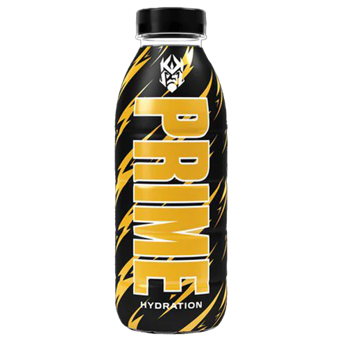 Front of Prime Hydration Kings League bottle showing bold yellow logo, hydration label, and stylish design (500ml)