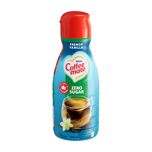 Front of Coffee-Mate French Vanilla Creamer Zero Sugar (946ml) bottle showing the logo, vanilla flavour illustration, and no sugar label