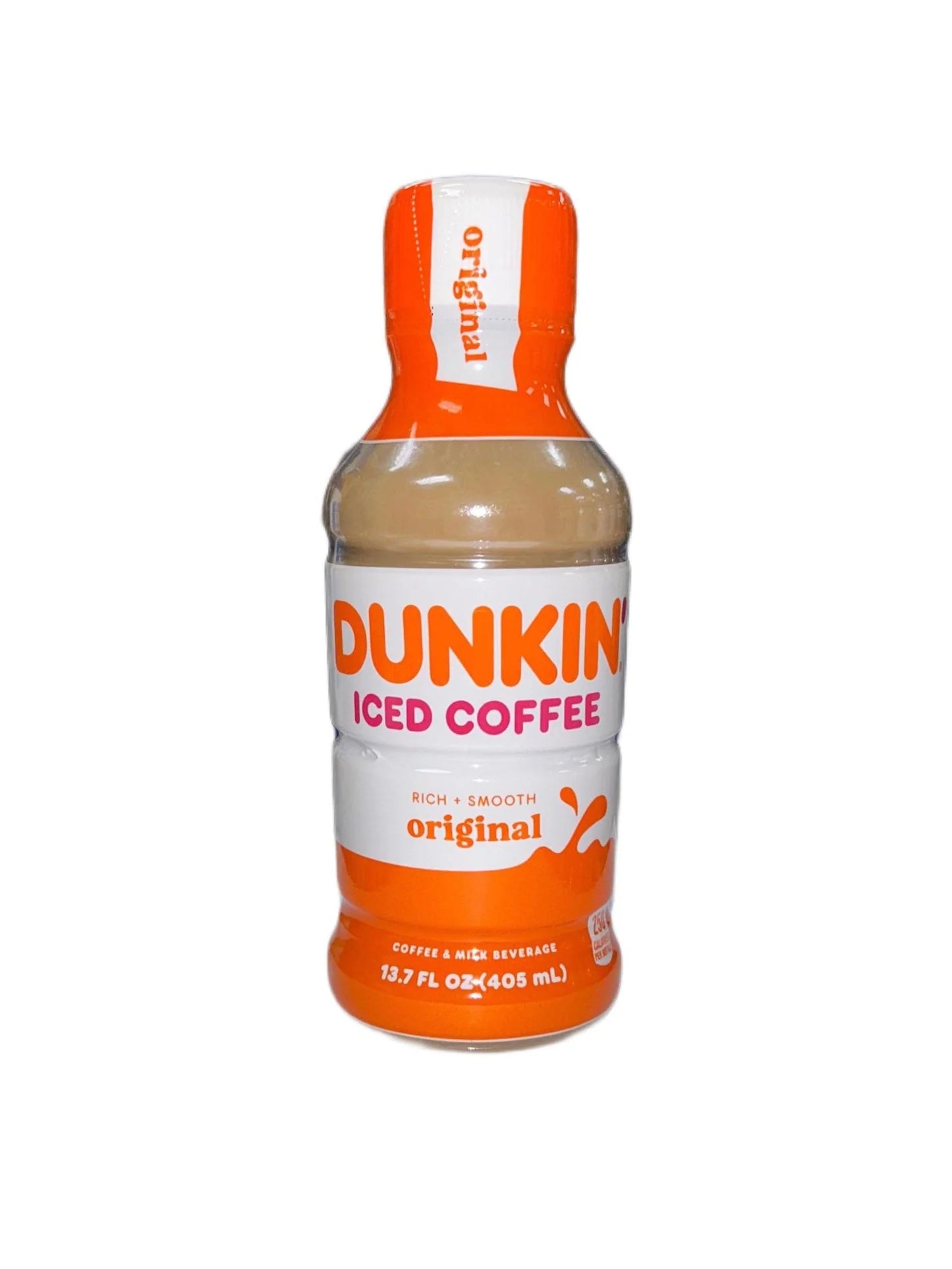 Front of Dunkin Donuts Original Iced Coffee bottle showing rich and smooth coffee beverage label and pack size of 405ml