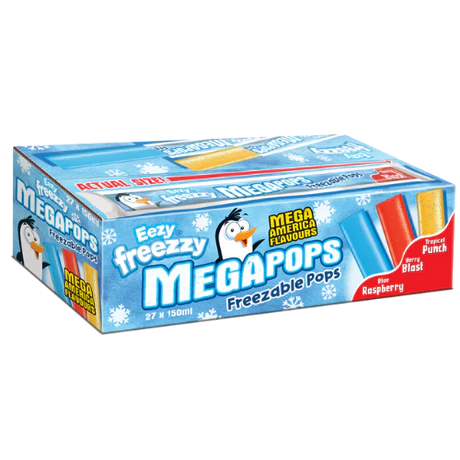 Front of Eezy Freezy MegaPops box showcasing colourful ice pops in various flavours with product title and 27x150ml pack size.
