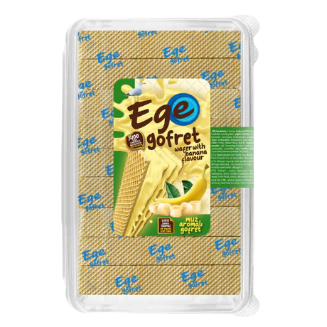 Front of Ege Gofret Banana Flavour Wafers package showing the logo, banana flavour design, and 320g pack size.