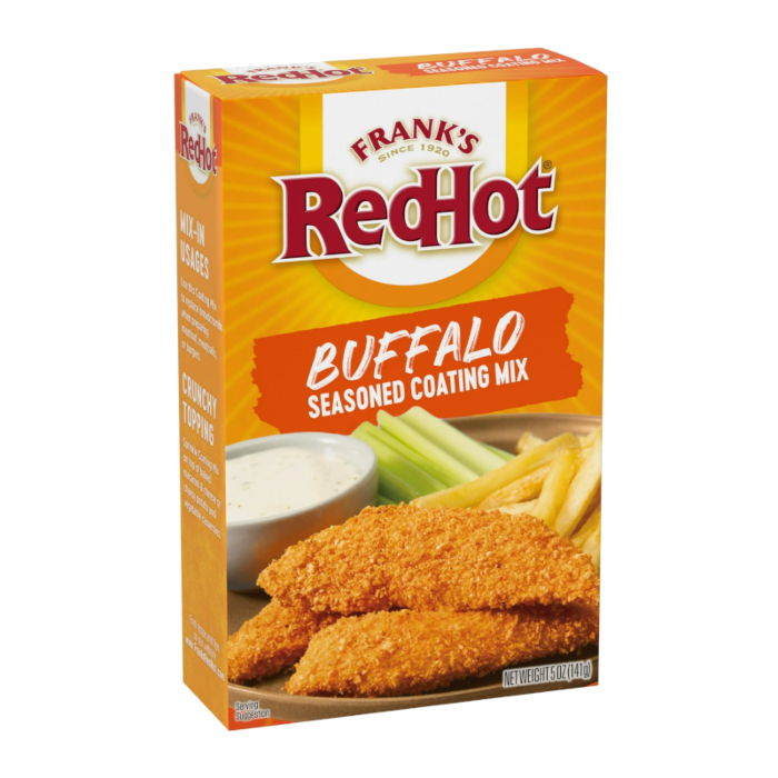 Front of Frank's RedHot Buffalo Seasoned Coating Mix box showing the logo, buffalo flavour label, and serving suggestion with crispy coated chicken (141g pack)