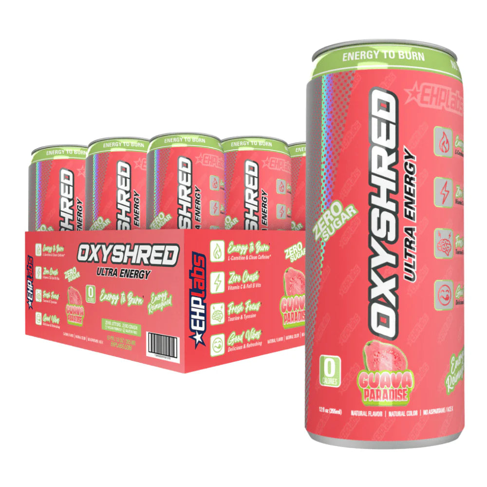 Front of OxyShred Guava Paradise Flavour Zero Sugar Energy Drink case showing the vibrant pink design, logo, flavour details, and pack size (12 x 355ml)