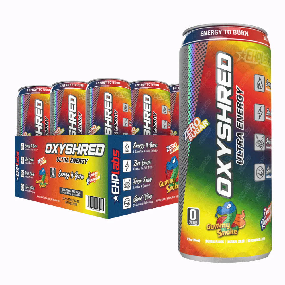 Front of OxyShred Gummy Snake Flavour Zero Sugar Energy Drink case showing the colourful design and 12 x 355ml cans with bold graphics