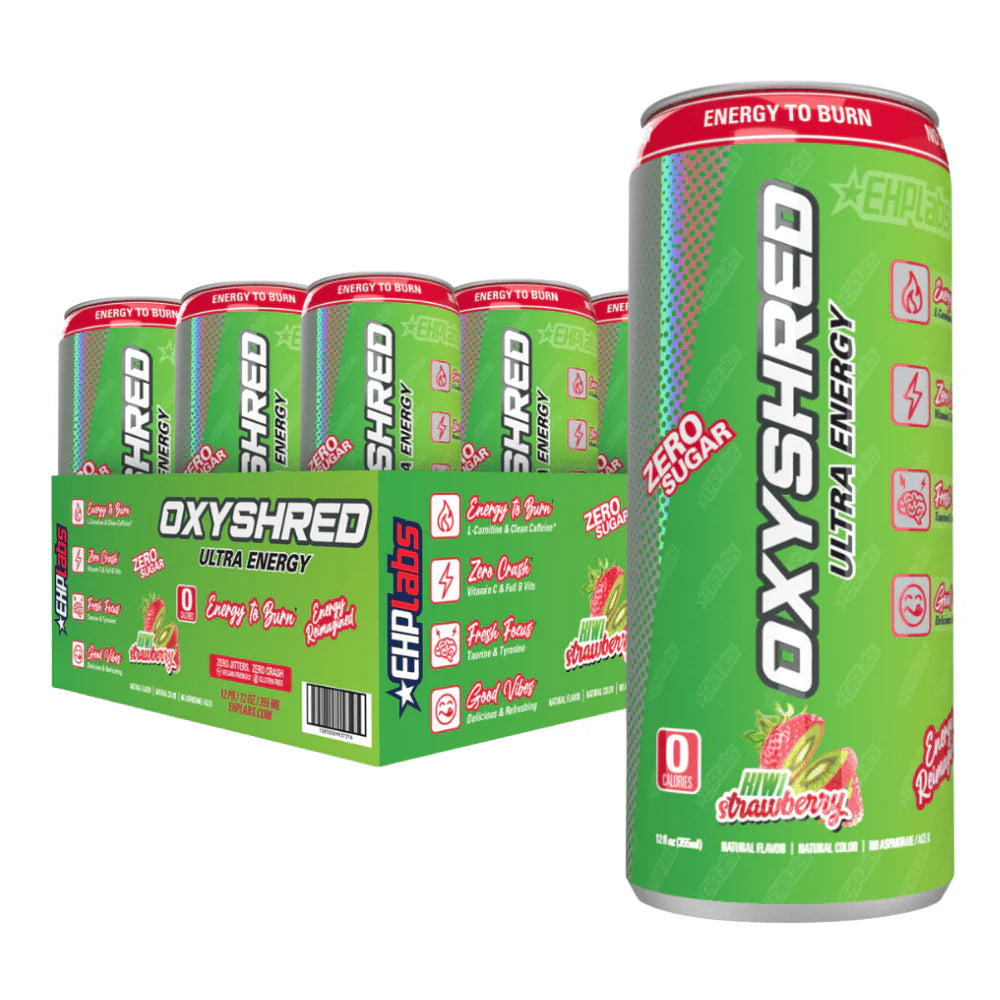Front of OxyShred Kiwi Strawberry Zero Sugar Energy Drink case, showing logo, flavour, and 12 pack of 355ml cans