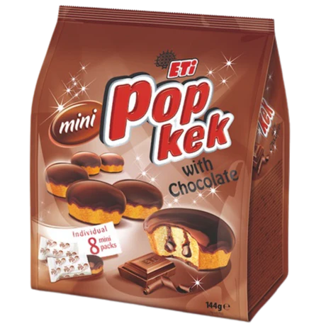 Front of Mini Poppy Cakes Milk Chocolate Flavour pack showing logo and chocolate-coated mini cakes, 144g size.