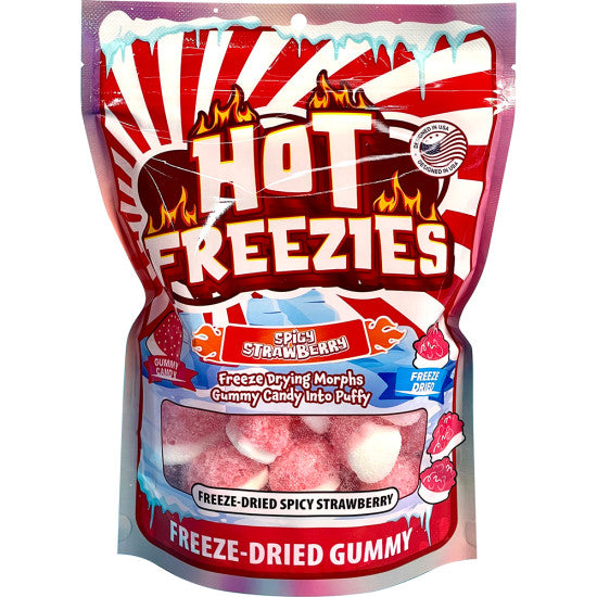 Front of Hot Freezies Spicy Strawberry Freeze-Dried Gummy bag showing the bold logo, flavour details, and image of gummy pieces (100g pack)