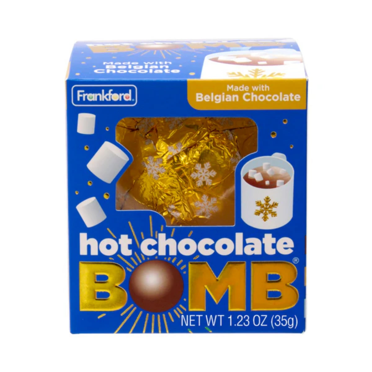 Front of a Frankford Hot Chocolate Bomb box featuring a golden chocolate bomb illustration, made with Belgian chocolate, and net weight of 35g.