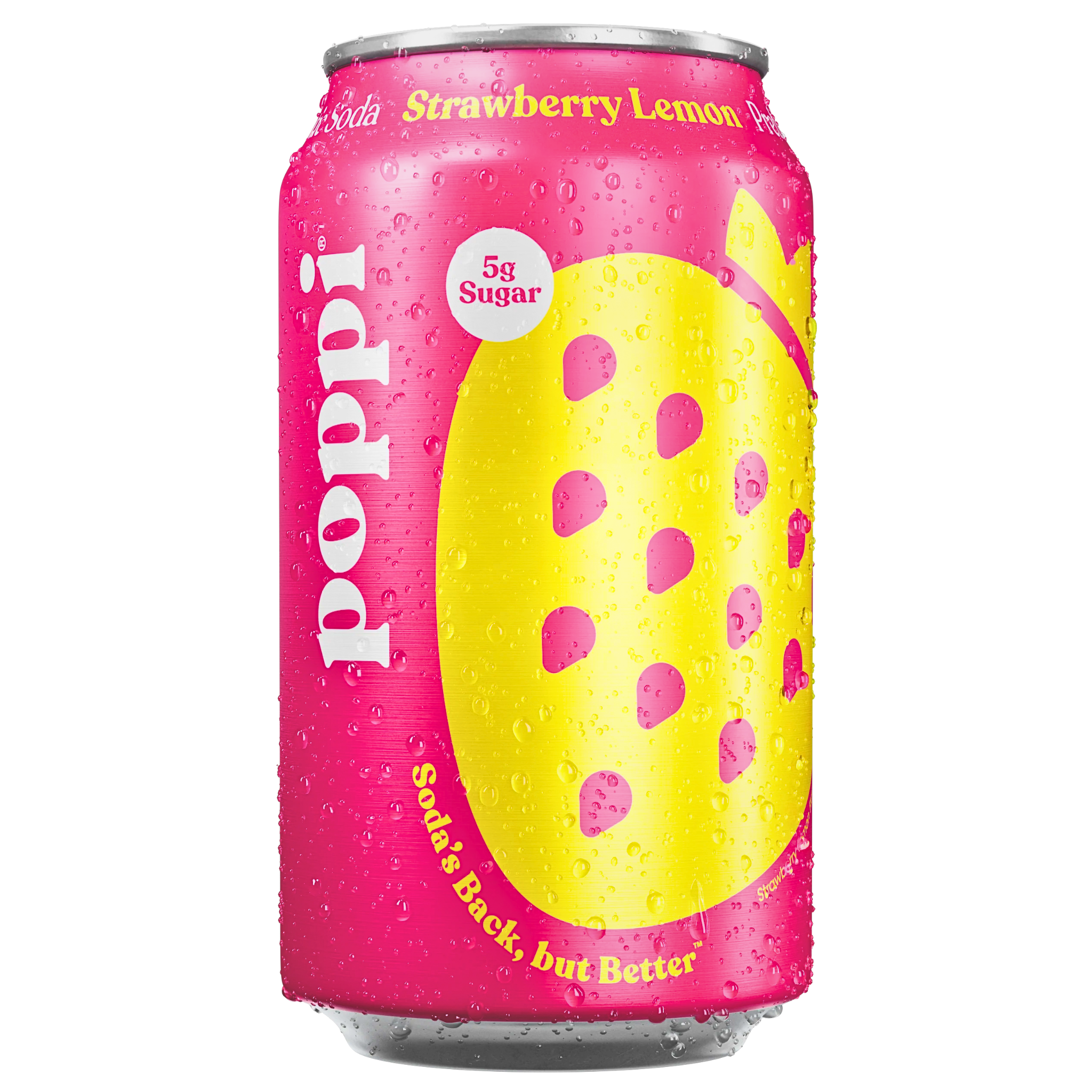 Front of Poppi Strawberry Lemon Prebiotic Soda can, featuring vibrant pink colour, lemon and strawberry graphics, and 355ml size.