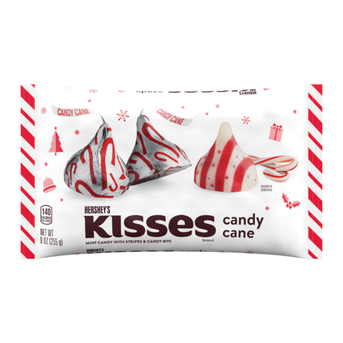 Front of Hershey's Christmas Kisses Candy Cane bag showcasing the logo, red and white stripes, and festive candy cane designs (255g pack)