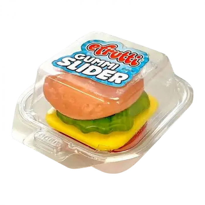 Front of eFrutti Gummi Burger packaging featuring colourful gummy burger design and eFrutti logo (50g pack)