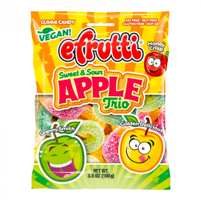 Front of eFrutti Apple Trio gummy candy pack showing bright packaging with Granny Smith and Golden Delicious apples and 100g size.