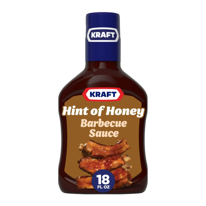 Front of Kraft Hint Of Honey Barbeque Sauce bottle showing bold logo, honey barbecue flavour label, and image of delicious ribs (510g pack)