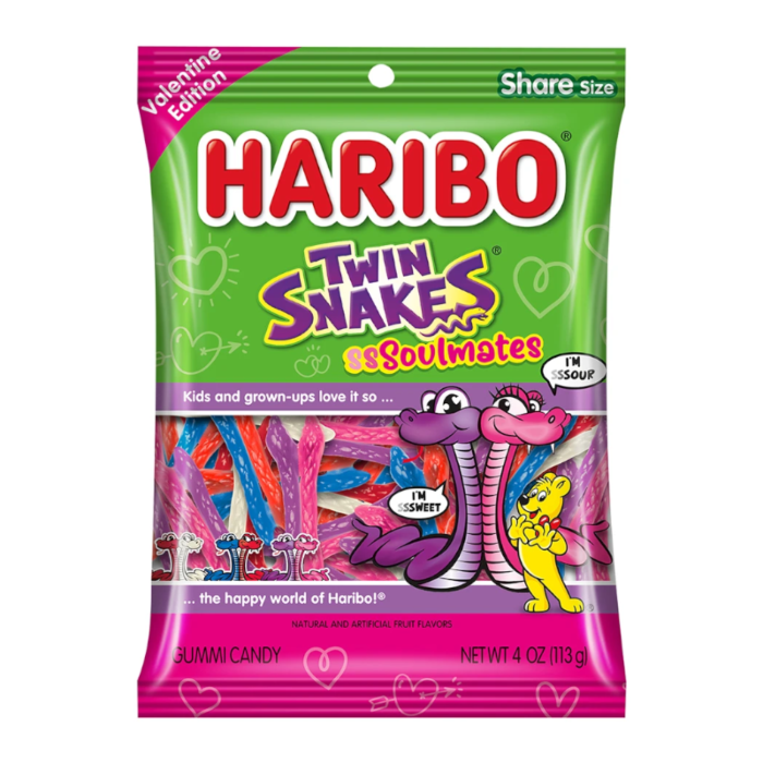 Front of Haribo Valentines Twin Snakes Soulmates (113g) bag featuring vibrant graphics of sweet and sour gummy snakes.