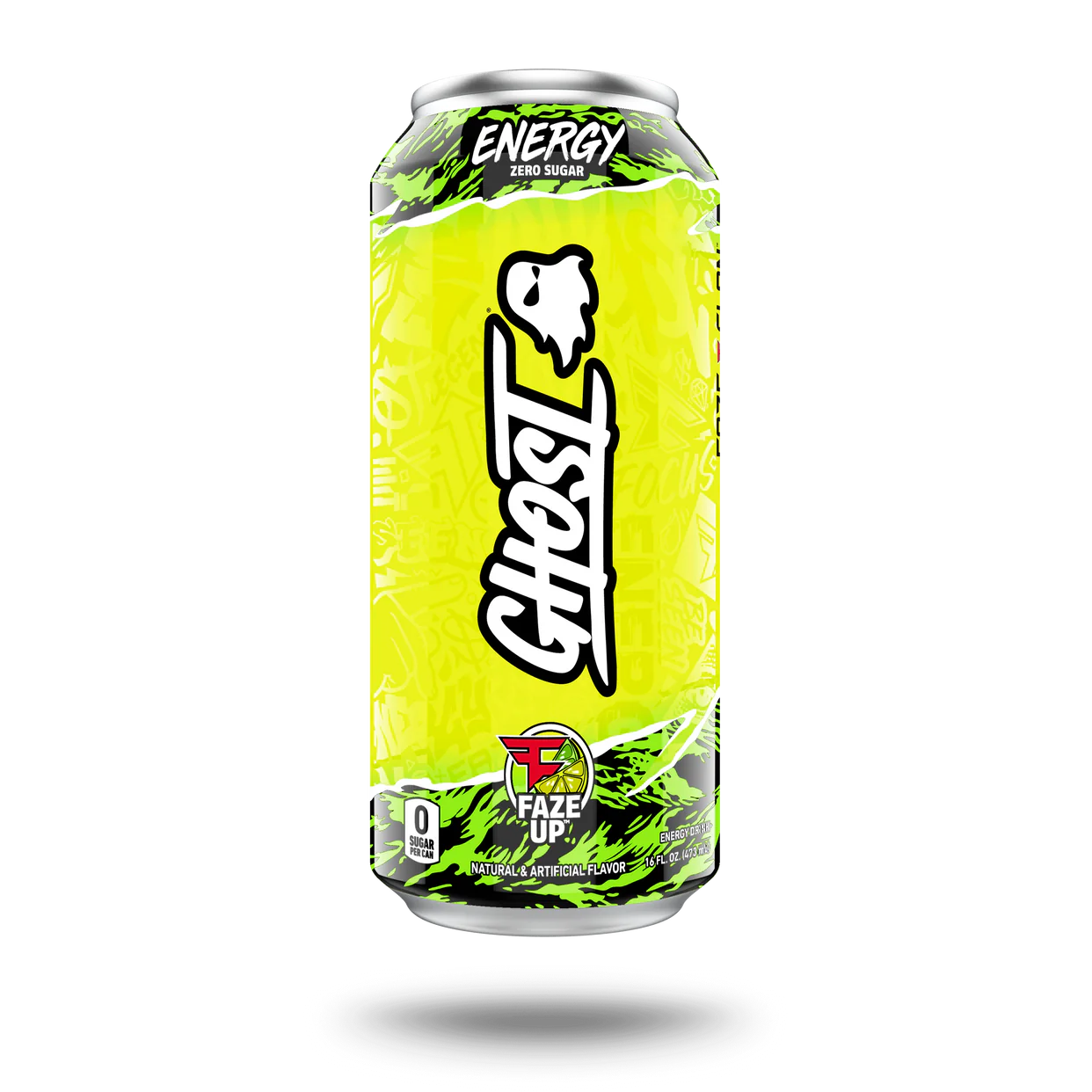 Front of Ghost Faze Up Energy Drink can showing bright yellow design, Ghost logo, and details including zero sugar and 473ml size.