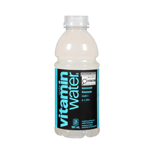 Front of Vitamin Water Lemonade bottle showing logo, lemonade flavour label, and 591ml pack size.