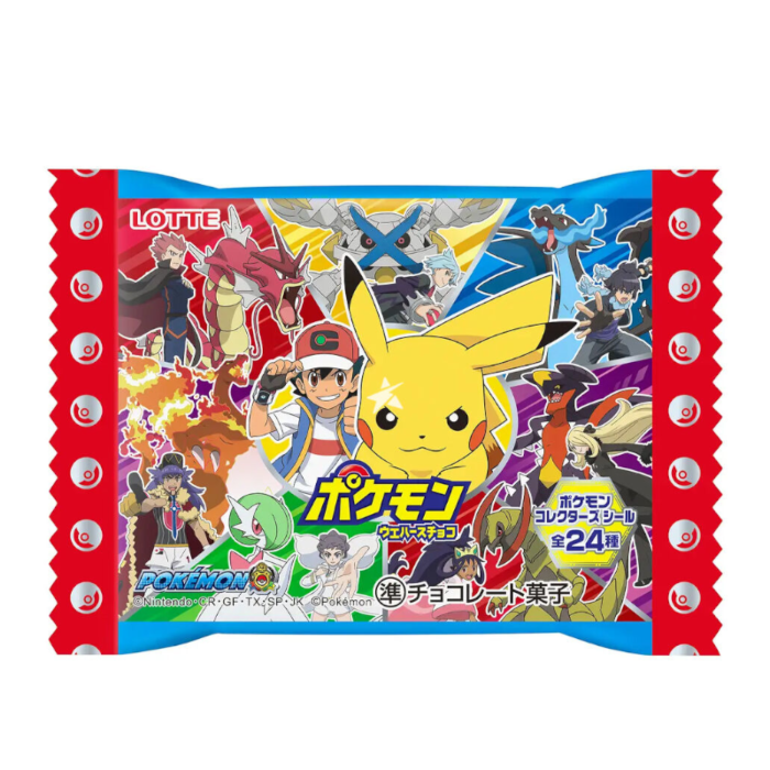 Front of Pokémon Choco Wafer packaging featuring Pikachu and various Pokémon characters (23g)