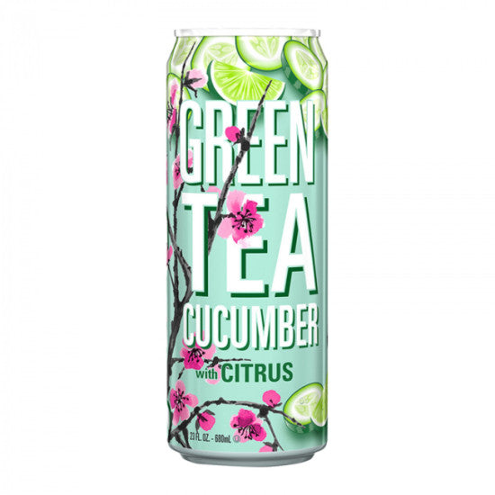 Front of Arizona Green Tea Cucumber Beverage can featuring bright green label, cucumber imagery, and 680ml size указание.