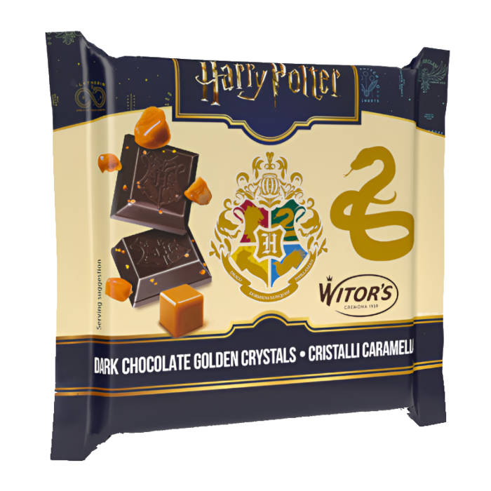Front of Harry Potter Dark Chocolate Caramel Crystals bag showing logo, dark chocolate pieces, and caramel cubes (40g pack)