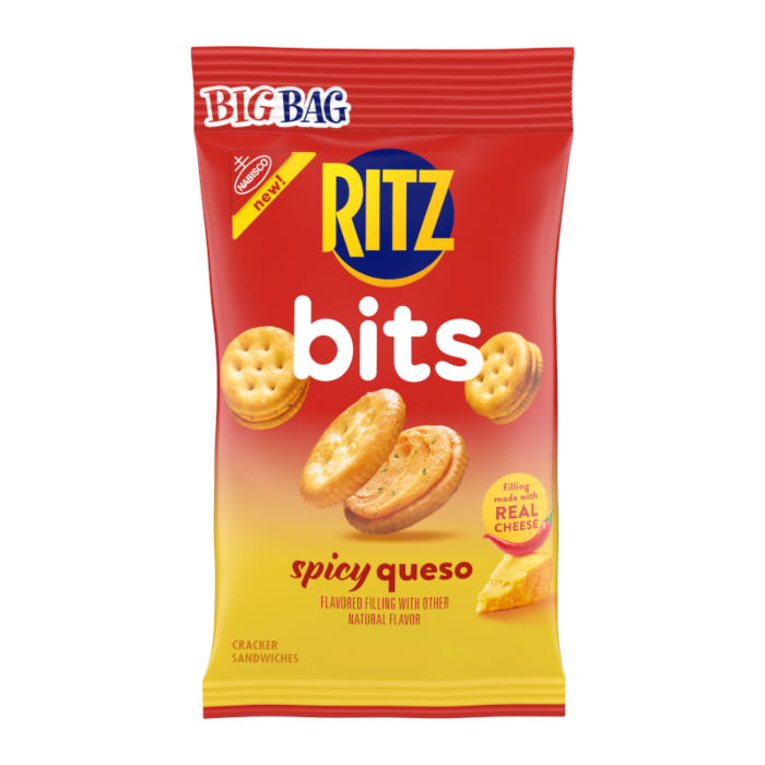 Front of a red bag of Ritz Bits Spicy Queso showing logo, cracker sandwiches, and zesty cheese filling (85g pack)