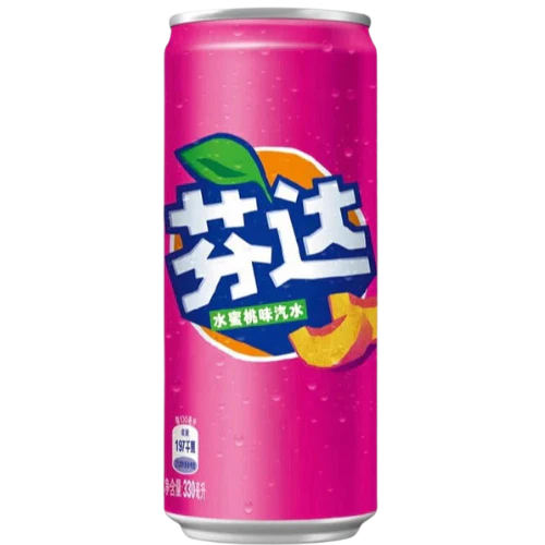 Front of Fanta Peach (China) can featuring a vibrant pink design, logo, and peach imagery with a 330ml label.