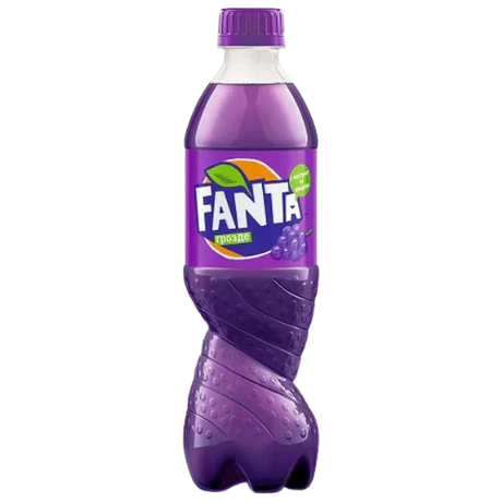Front of Fanta Grape bottle featuring the logo, grape flavour label, and vibrant purple design (500ml)