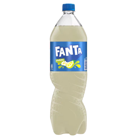 Front of Fanta Shokata Elderflower & Lemon bottle showing blue logo and label with elderflower and lemon graphics (1.5l pack)
