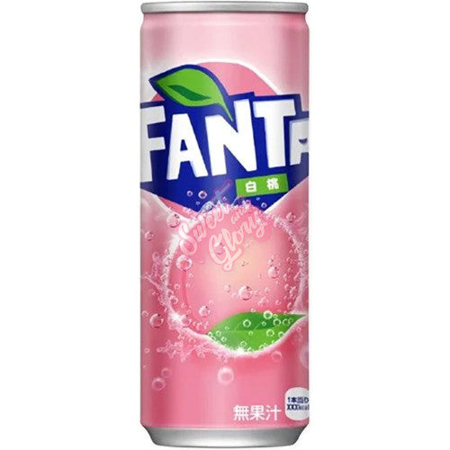 Front of Fanta White Peach (Japan) bottle showing the logo, pink packaging, and peach graphics (500ml)