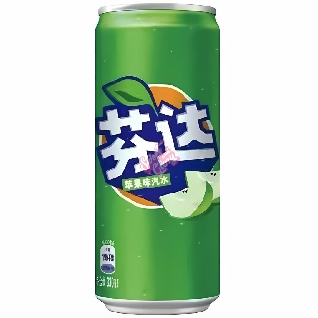 Front of Fanta Apple (China) can showing vibrant green design, apple flavour logo, and 330ml size.