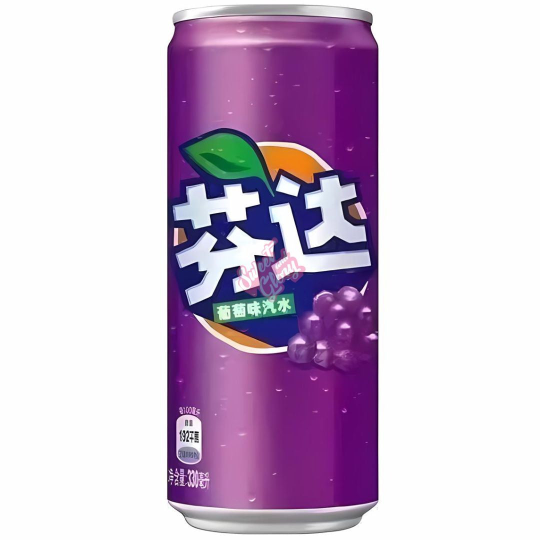 Front of Fanta Grape (China) can featuring bold logo, grape flavour design, and vibrant purple colour (330ml)