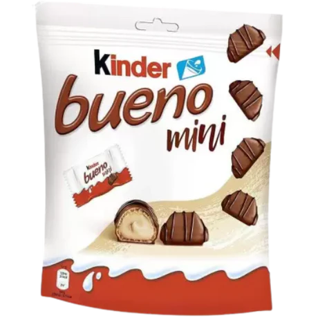 Front of Kinder Bueno Mini bag featuring the logo, mini chocolate treats, and creamy filling with a 108g pack size.