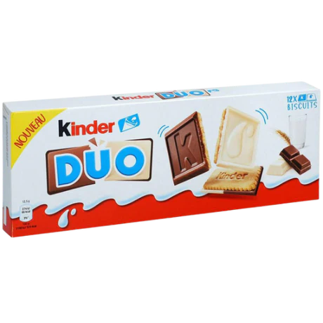 Front of Kinder Duo Biscuits box featuring the Kinder logo, vanilla and chocolate biscuit imagery, and 150g pack size