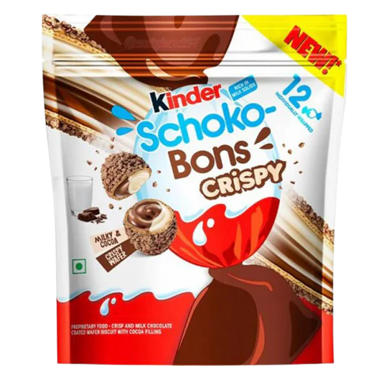 Front of Kinder Schoko Bons Crispy bag showing logo, crispy chocolate sweets, and pack size (67.2g)