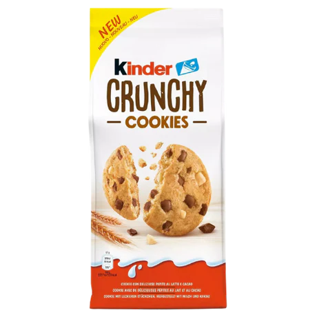 Front of Kinder Crunchy Cookies bag featuring the logo and image of cookies with chocolate chips (136g pack)
