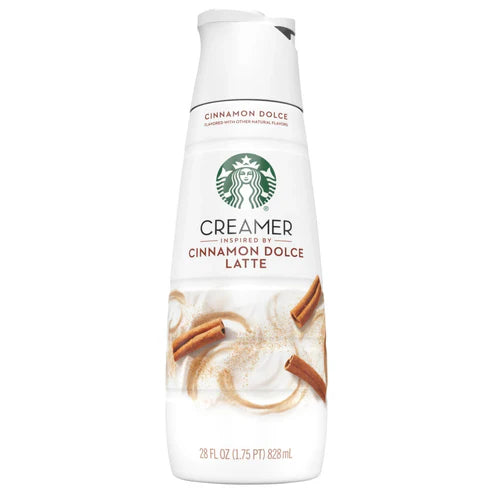 Front of Starbucks Cinnamon Dolce Latte Creamer bottle showing the logo, flavour description, and pack size (828ml)