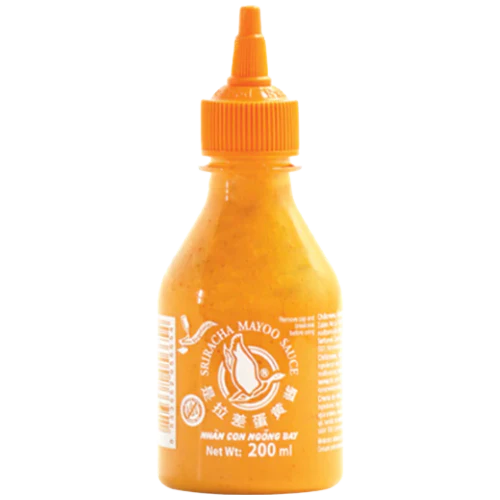 Front of Flying Goose Sriracha Mayo Chilli Sauce bottle showing orange label, Sriracha and mayo blend, and 200ml size.