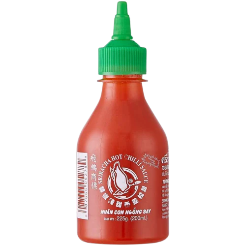 Front of Flying Goose Sriracha Chilli Sauce bottle showing bold red label, logo, and green cap, with a 200ml quantity indicated