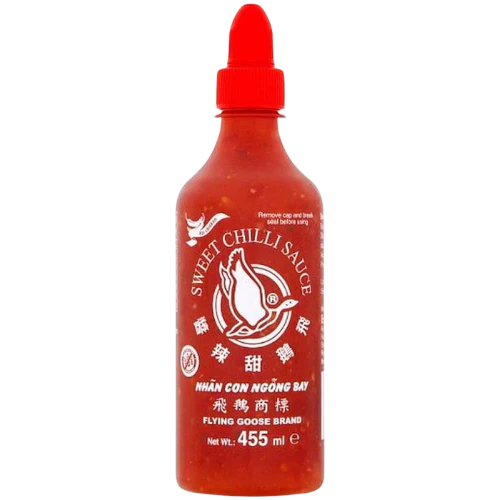 Front of Flying Goose Sweet Chilli Sauce bottle showing logo, red sauce label, and 455ml pack size