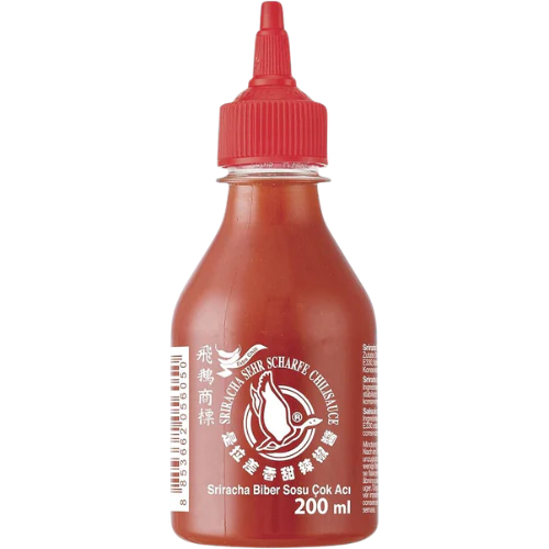 Front of Flying Goose Sriracha Chilli Sauce Super Hot bottle showing red cap, logo, and product details (200ml pack)