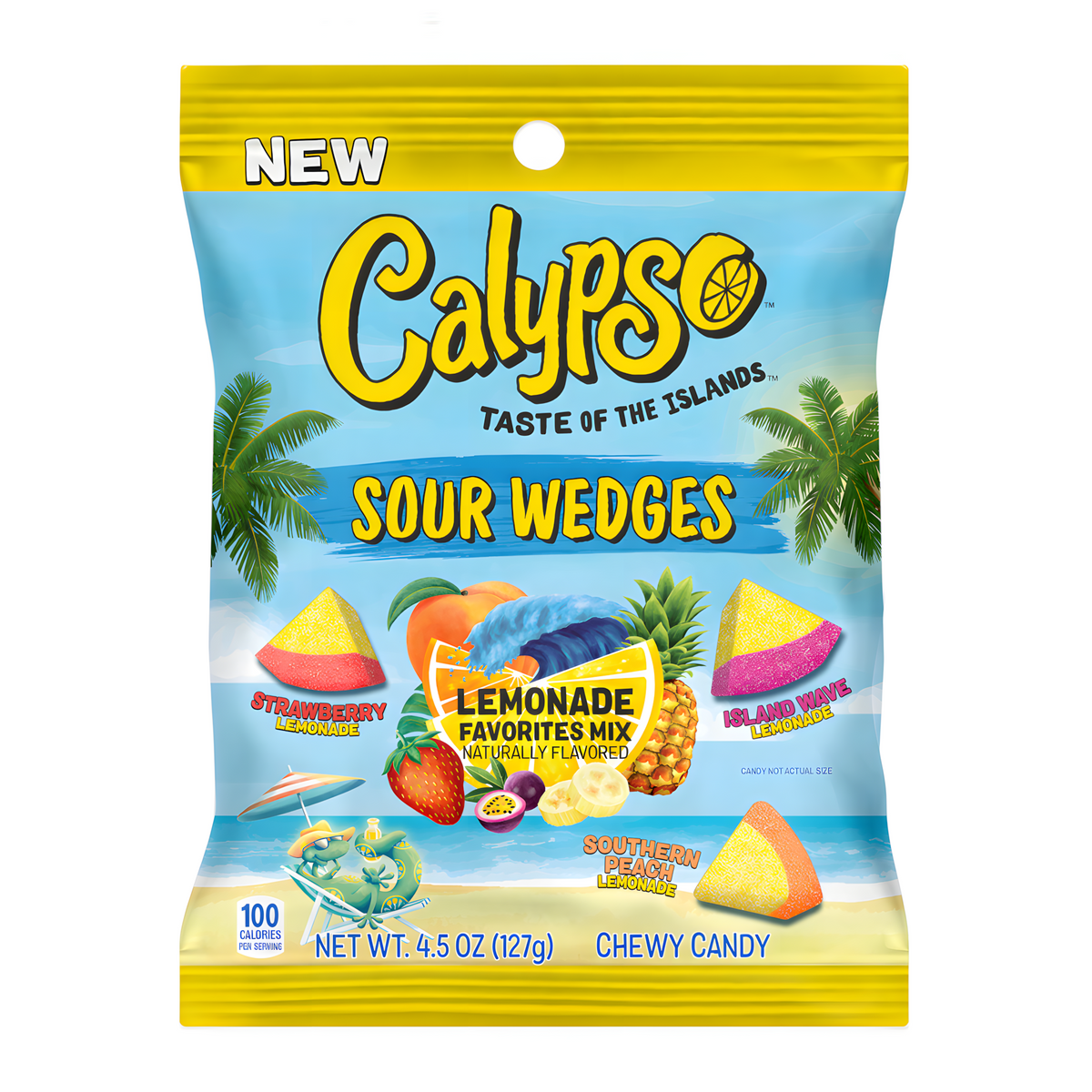 Front of Calypso Sour Wedges Lemonade Favourites Mix chewy candy bag showing vibrant colours, logo, and assorted wedge shapes (127g pack)