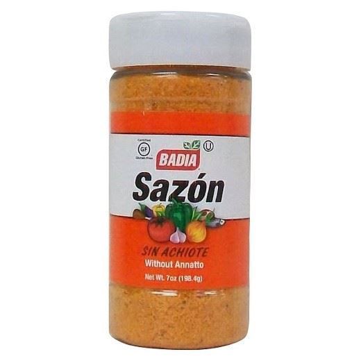 Front of Badia Sazón jar showing the brand logo, seasoning mix label with vibrant vegetable illustrations, and 198.4g quantity.