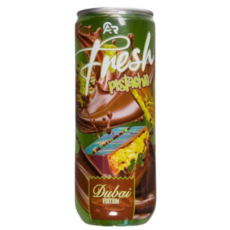 Front of Fresh Pistachio Chocolate Drink Dubai Edition can showing rich chocolate and pistachio imagery, with logo and 330ml size indicated