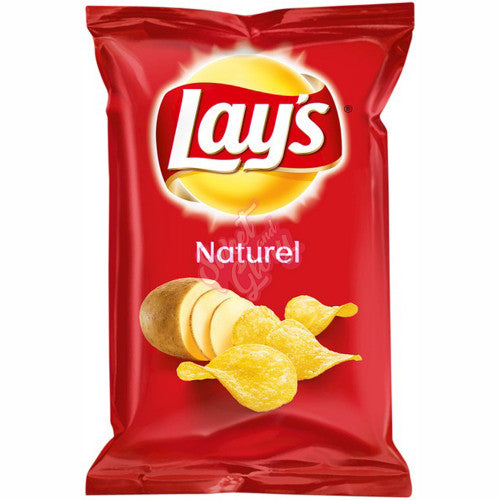 Front of Lay's Naturel potato crisps bag showing red packaging, Lay's logo, and image of crisps and potatoes (40g pack)