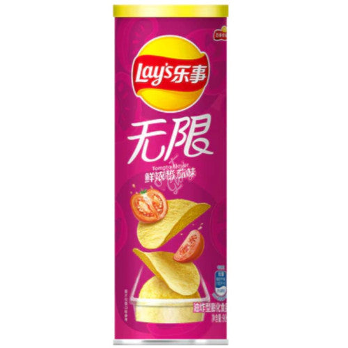 Front of Lay's Stax Tomato tube with red and yellow logo, showing stackable crisps and tomato imagery (90g pack)