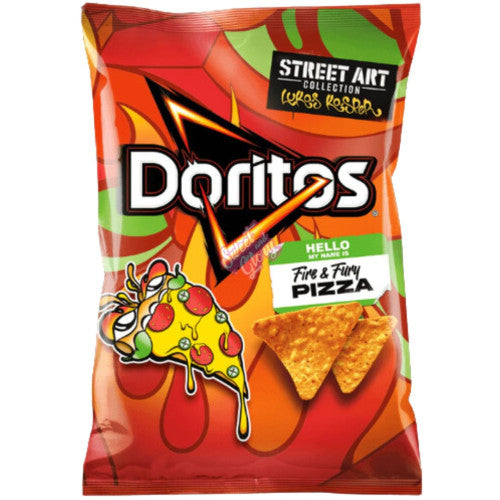 Front of Doritos Fire & Fury Pizza Tortilla Chips bag showing colourful design, pizza graphic, and 150g pack size.