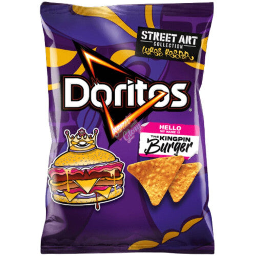 Front of Doritos The Kingpin Burger Tortilla Chips (150g) bag showing bold purple design, burger illustration, and product title.