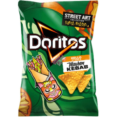 Front of Doritos Mayhem Kebab Tortilla Chips bag featuring green design, logo, kebab illustration, and 150g label.