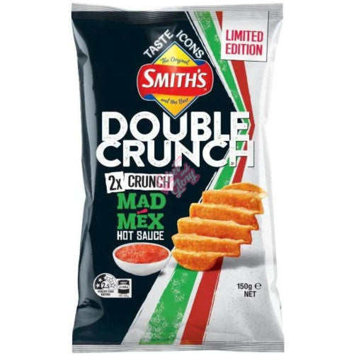 Front of Smith's Double Crunch Mad Mex Hot Sauce bag featuring the Smith's logo, bold flavour name, and pack size (150g)